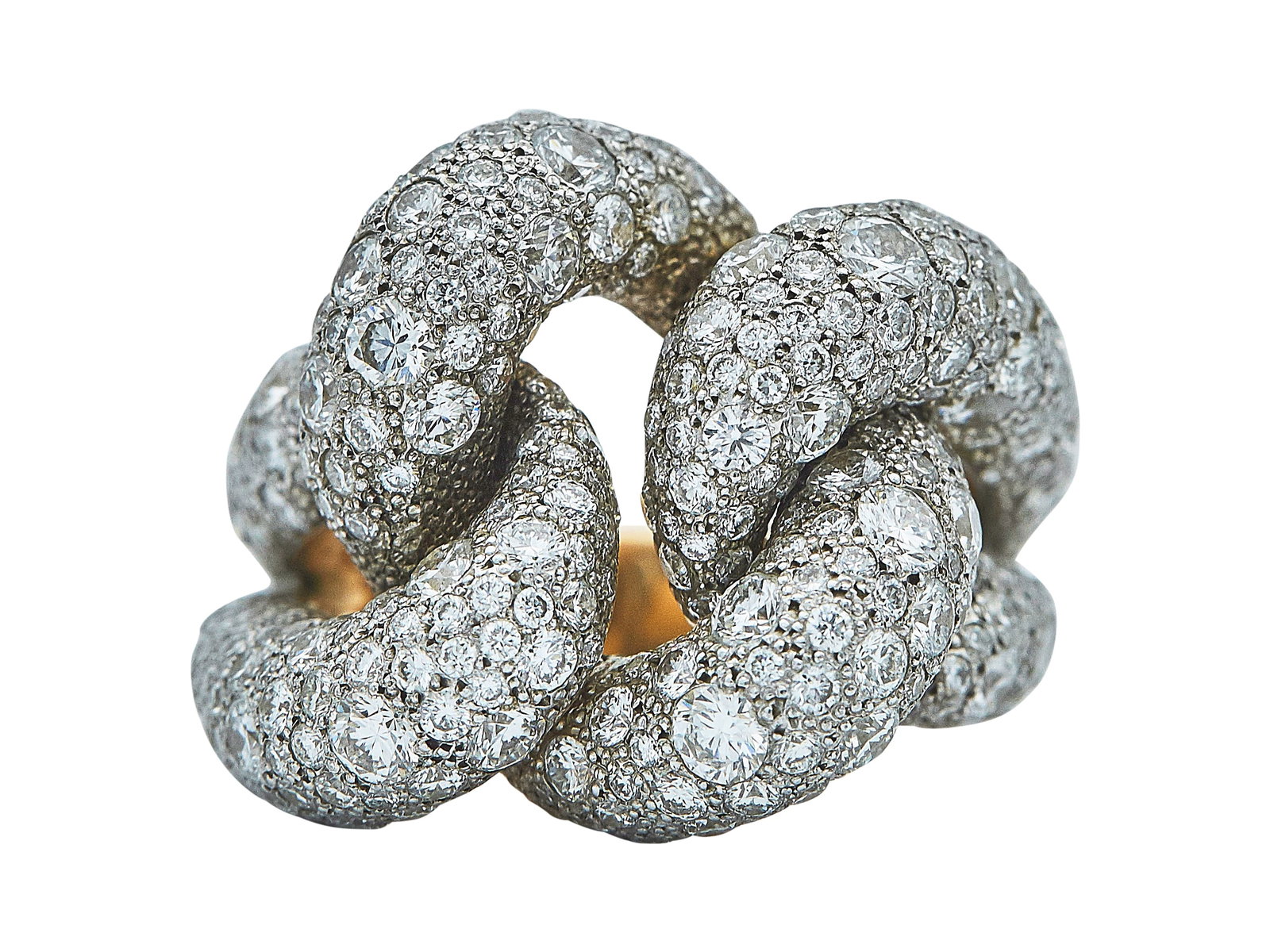 Pomellato Catene 18K Rose Gold, Silver-Plated-Rhodium, and Diamond Knot Ring: BRAND: Pomellato; METAL: 18K Rose Gold, Rhodium; APPROXIMATE TOTAL DIAMOND WEIGHT: 7.80 ctw; STAMPED: Pomellato, 55, 925, 750, Italian workshop mark, Serial number; CONDITION: Pre-owned, Very Good; IT