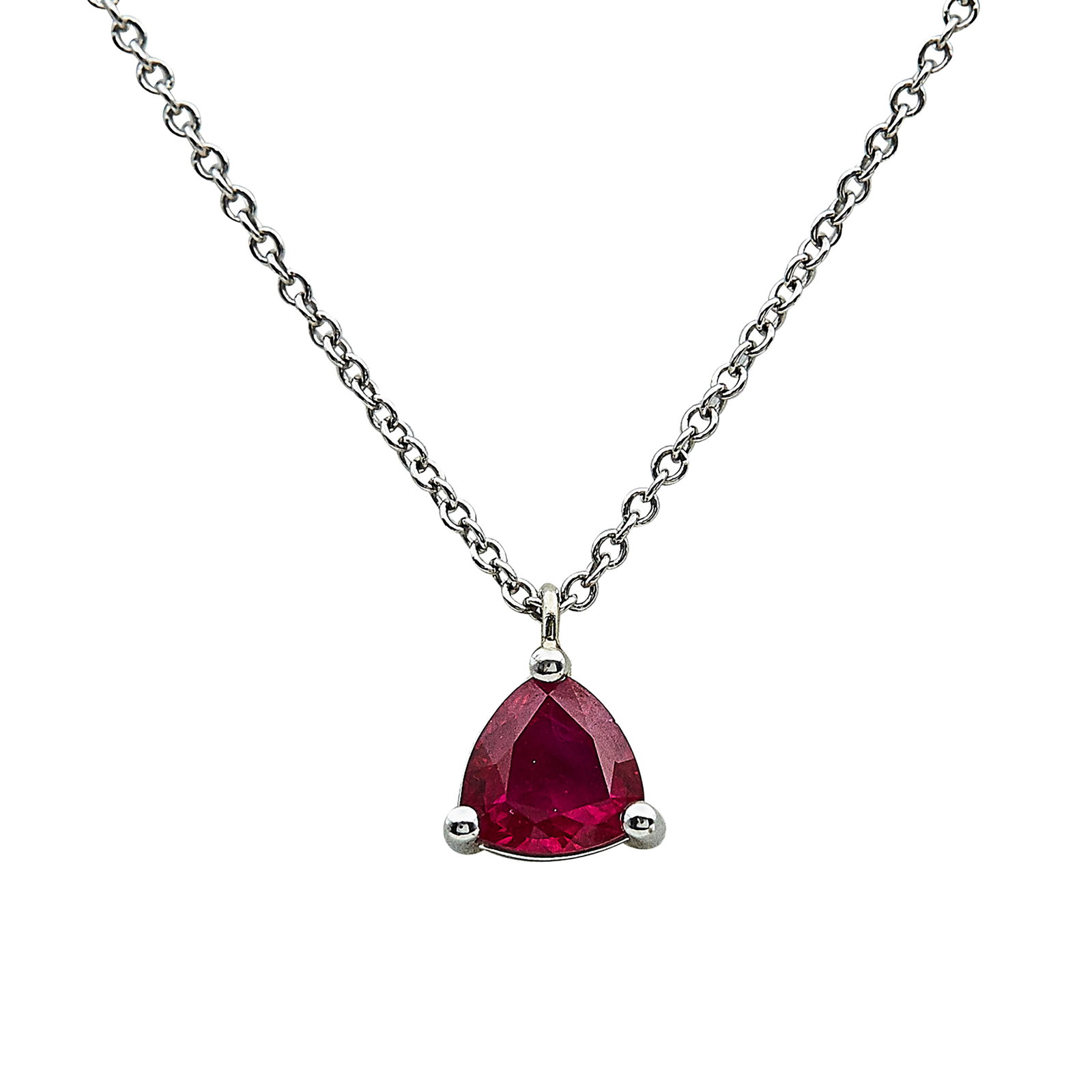 18K White Gold and Ruby Pendant Necklace: METAL: 18K White Gold; GEMSTONES: Ruby weighing approx. 0.56 carats, Weight estimated by formula; STAMPED: 18K, makers mark; CONDITION: Pre-owned, Good; ITEM WEIGHT (GRAMS): 2.3 g; MEASUREMENTS: Neckl