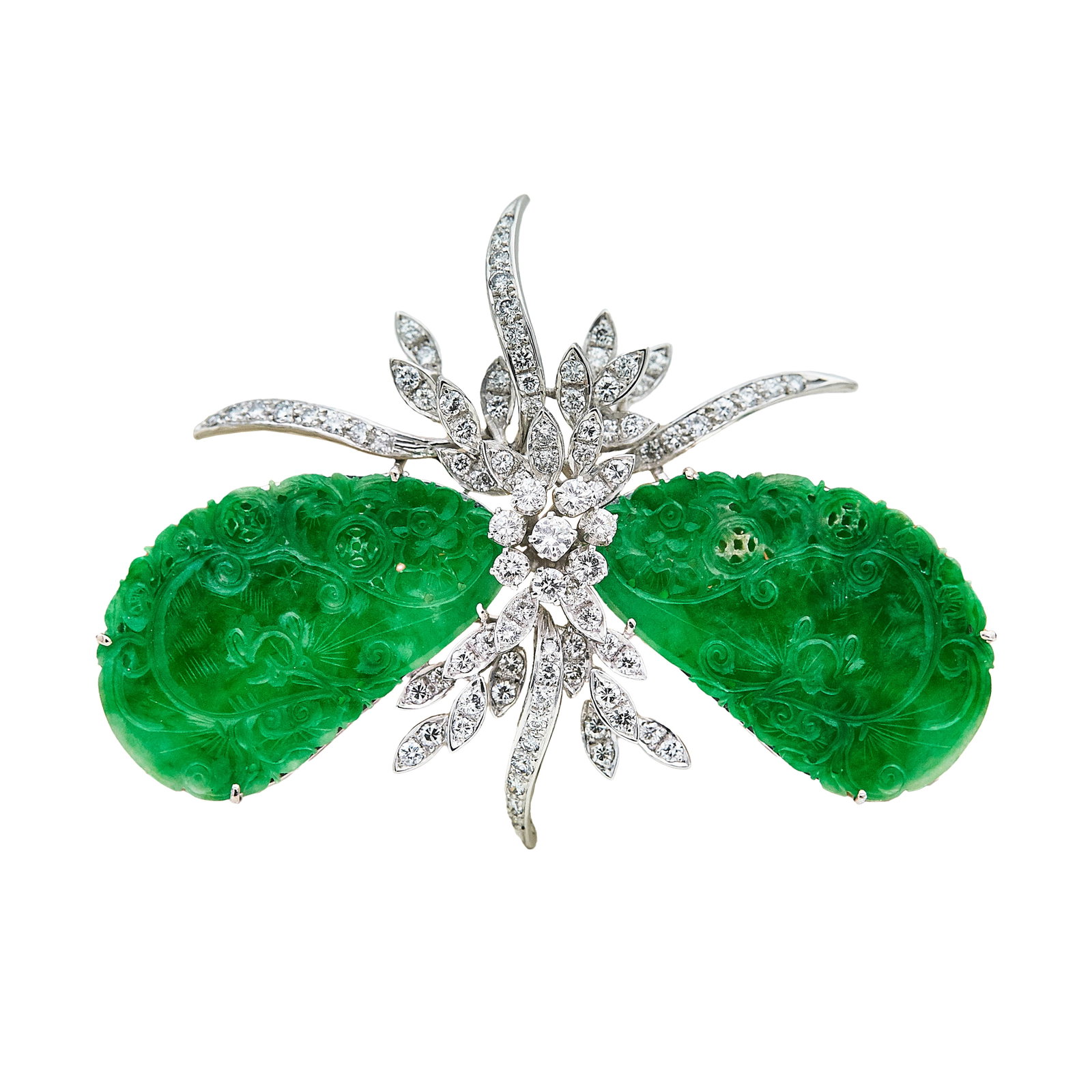 14K White Gold, Carved Jade, and Diamond Brooch: METAL: 14K White Gold; APPROXIMATE TOTAL DIAMOND WEIGHT: 2.40 ctw; GEMSTONES: Jade; STAMPED: 585, T&C; CONDITION: Pre-owned, Very Good; ITEM WEIGHT (GRAMS): 27.1 g; MEASUREMENTS: Brooch approx. 2 1/16