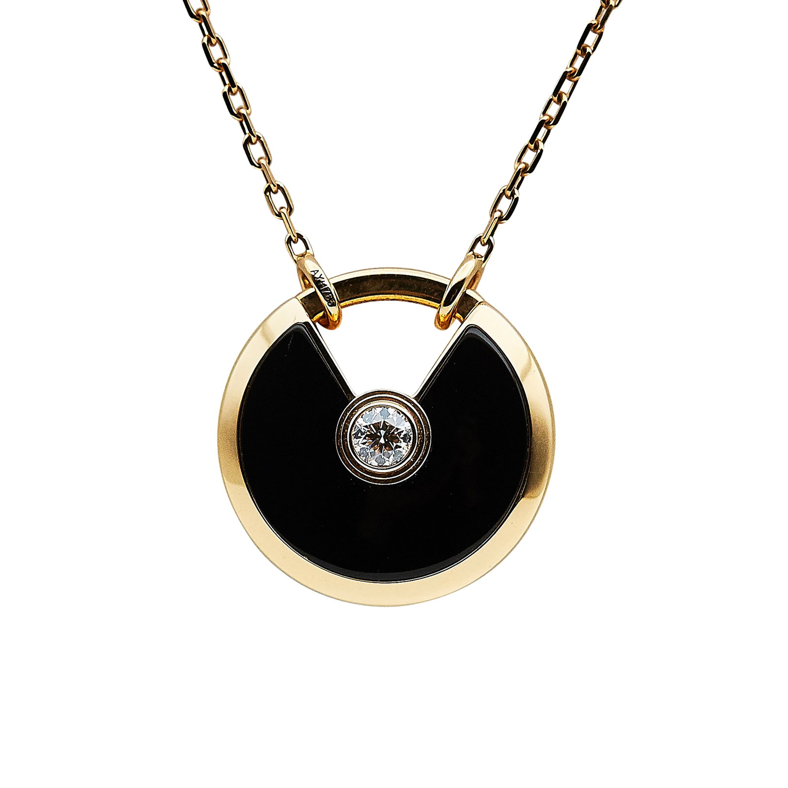 Cartier Amulette Small Model 18K Rose Gold, Onyx, and Diamond Necklace: BRAND: Cartier; COLLECTION: Amulette; METAL: 18K Rose Gold; APPROXIMATE TOTAL DIAMOND WEIGHT: 0.09 ctw; GEMSTONES: Onyx; STAMPED: © Cartier, Serial number, Au750, Maker's marks; CONDITION: Pre-owned,