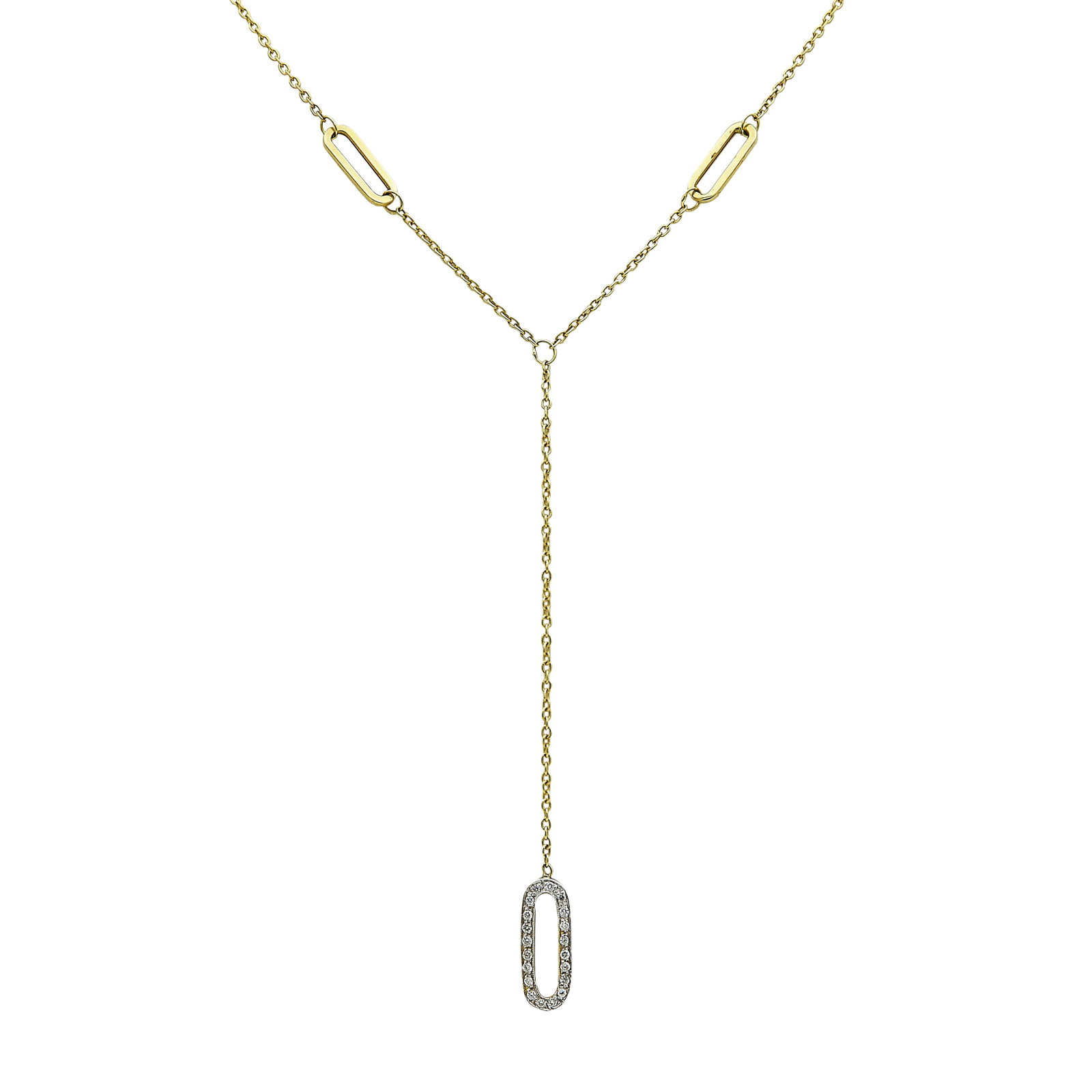 14K Yellow Gold and Diamond Lariat Necklace: METAL: 14K Yellow Gold; APPROXIMATE TOTAL DIAMOND WEIGHT: 0.40 ctw; TESTED: 14K Yellow Gold; CONDITION: Pre-owned, Very Good; ITEM WEIGHT (GRAMS): 3.8 g; MEASUREMENTS: Necklace approx. 18 inches long 