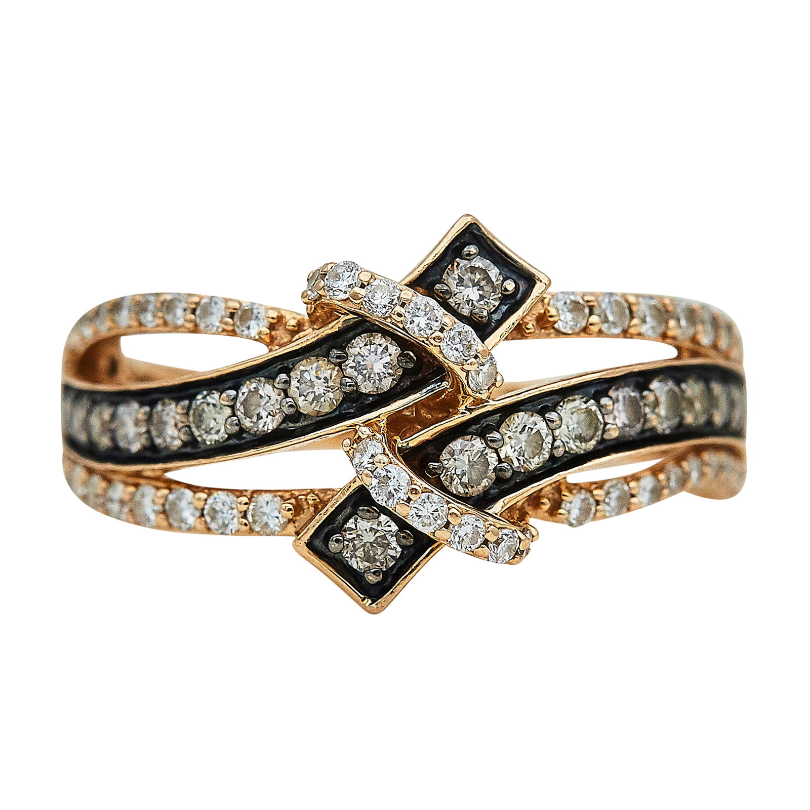 14K Rose Gold, Black Enamel, and Diamond Ring: METAL: 14K Rose Gold; APPROXIMATE TOTAL DIAMOND WEIGHT: 1 ctw; GEMSTONES: Enamel; STAMPED: 14KT, LeVian; CONDITION: Pre-owned, Very Good; ITEM WEIGHT (GRAMS): 4.2 g; MEASUREMENTS: Ring size 6 1/2; Dia