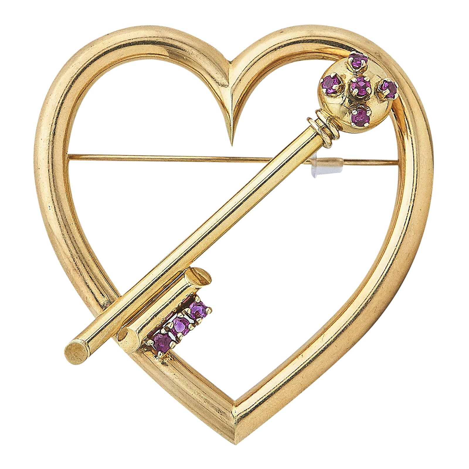 Retro 14K Yellow Gold and Ruby Heart and Key Brooch: METAL: 14K Yellow Gold; GEMSTONES: Ruby; STAMPED: 14K, EK; CONDITION: Pre-owned, Good; ITEM WEIGHT (GRAMS): 14.74 g; MEASUREMENTS: Brooch 2 inches wide x 2 1/8 inches long