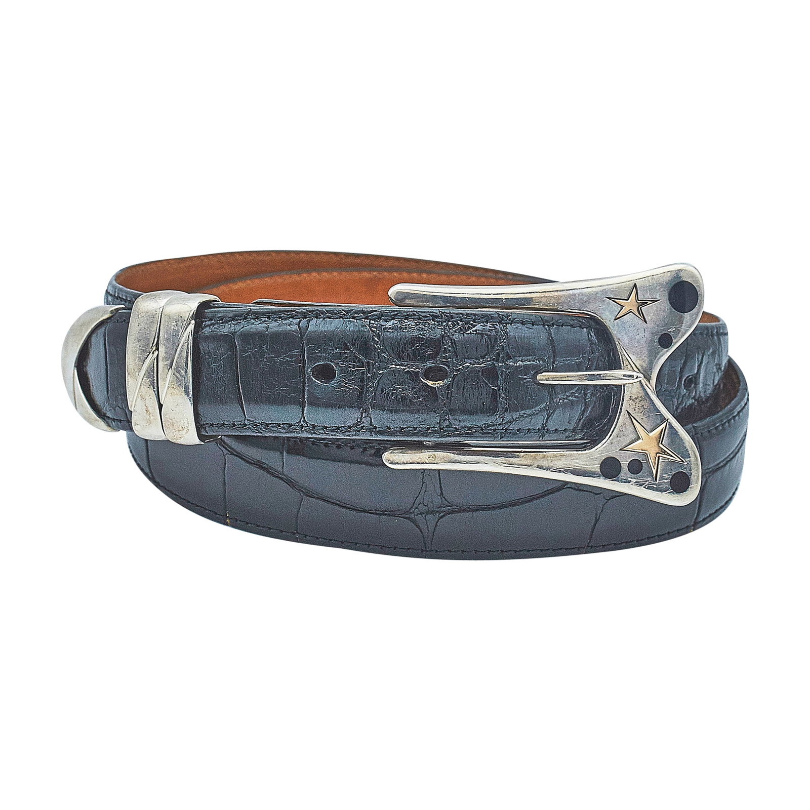 Michael Bondanza 18K Rose Gold and Stainless Steel Belt Buckle & Crocodile Leather Belt: BRAND: Michael Bondanza; METAL: 18K Rose Gold/Stainless Steel; GEMSTONES: Crocodile Leather Belt; STAMPED: Buckle marked: 18K, 925, Bondanza; Leather marked: Cole Haan; CONDITION: Pre-owned, Good; ITE
