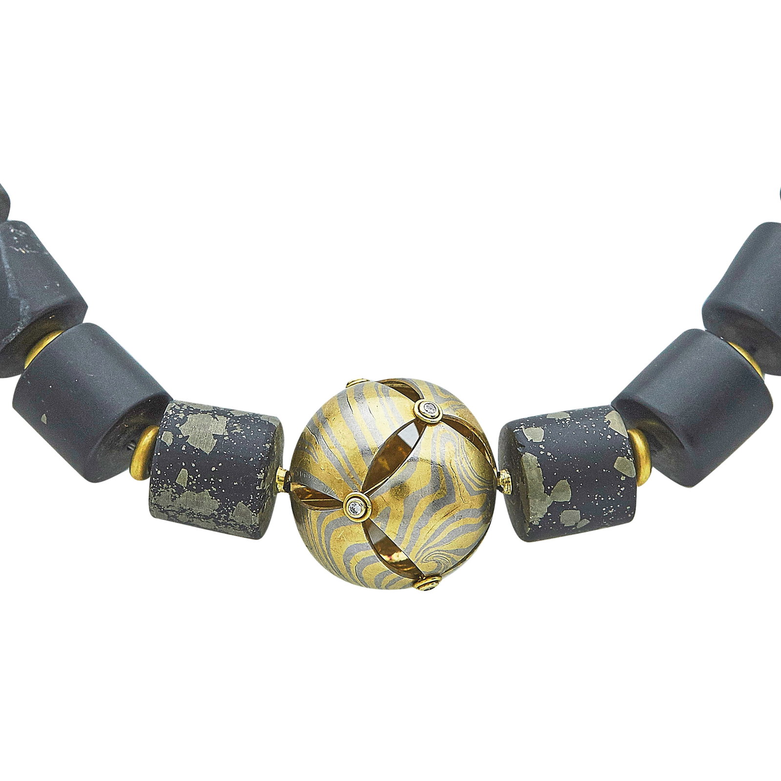 Georg Sawyer 18K Tri-Color Gold, Slate Pyrite, and Diamond Necklace: METAL: 18K Tri-Color; APPROXIMATE TOTAL DIAMOND WEIGHT: 0.06 ctw; GEMSTONES: Slate Pyrite; TESTED: 18K Tri-Color; CONDITION: Pre-owned, Very Good; ITEM WEIGHT (GRAMS): 144.7 g; MEASUREMENTS: Necklace 