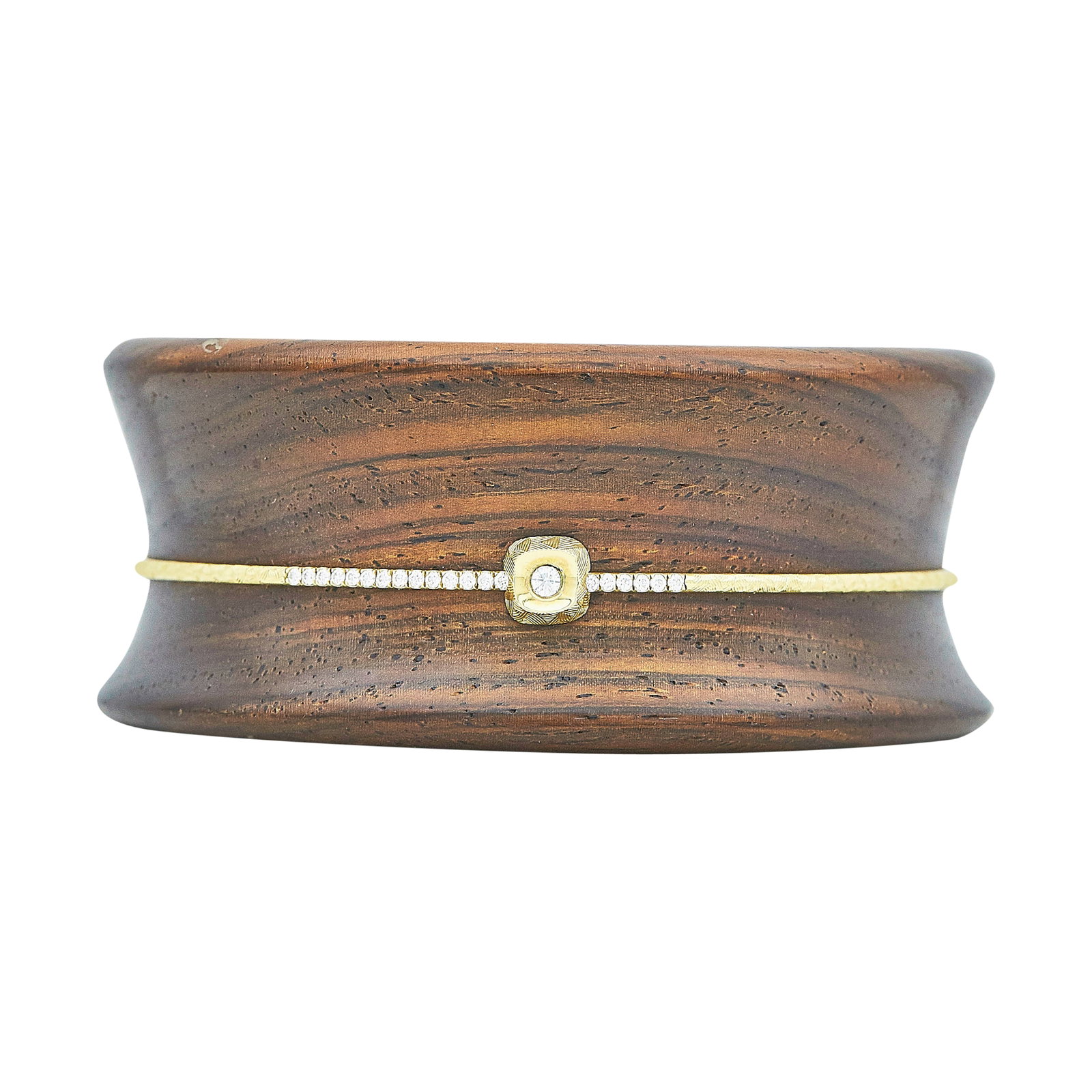 Michael Bondanza 18K Yellow Gold, Wood, and Diamond Bangle Bracelet: BRAND: Michael Bondanza; METAL: 18K Yellow Gold; APPROXIMATE TOTAL DIAMOND WEIGHT: 0.46 ctw; GEMSTONES: Wood; STAMPED: .46, Maker's marks, 18K, ©; CONDITION: Pre-owned, Very Good; ITEM WEIGHT (GRAMS)
