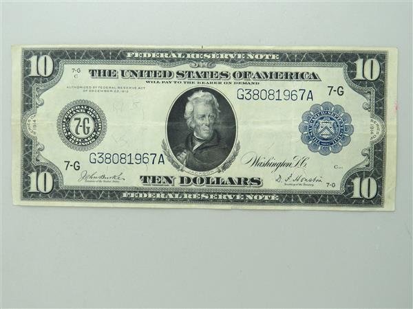 US 1914 Federal Reserve Note Ten Dollar Bill: US 1914 Federal Reserve Note Ten Dollar Bill, signed by Burke & HoustonFederal Reserve Bank of Chicago, Illinois
