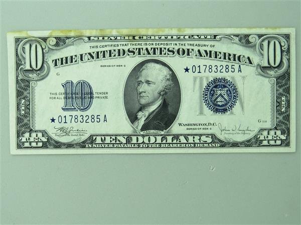 US 1934 C Star Note Silver Certificate Ten Dollar Bill: US 1934 C Star Note Silver Certificate Ten Dollar Bill, signed by Julian & Snyder.