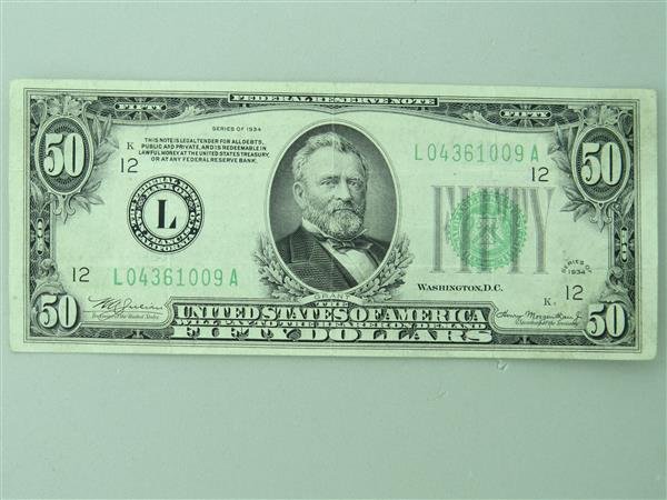 US 1934 Federal Reserve Note Fifty Dollar Bill: US 1934 Federal Reserve Note Fifty Dollar Bill, signed by Julian & Morgenthau Jr.
