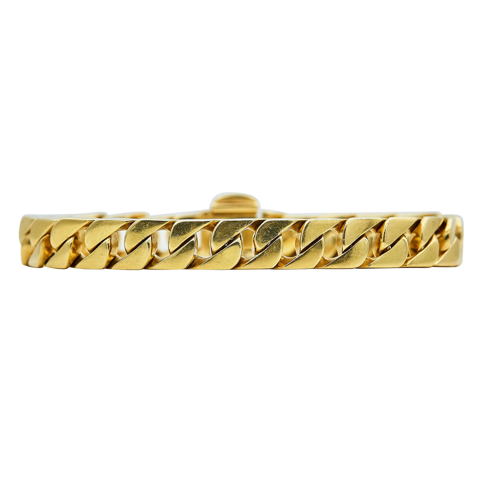 Tiffany & Co. 18K Yellow Gold Flat Cuban Link Chain Bracelet: BRAND: Tiffany & Co.; METAL: 18K Yellow Gold; STAMPED: © T & Co., Au750, ITALY; CONDITION: Pre-owned, Good; ITEM WEIGHT (GRAMS): 65 g; MEASUREMENTS: Bracelet 8 inches long x 5/16 inch wide