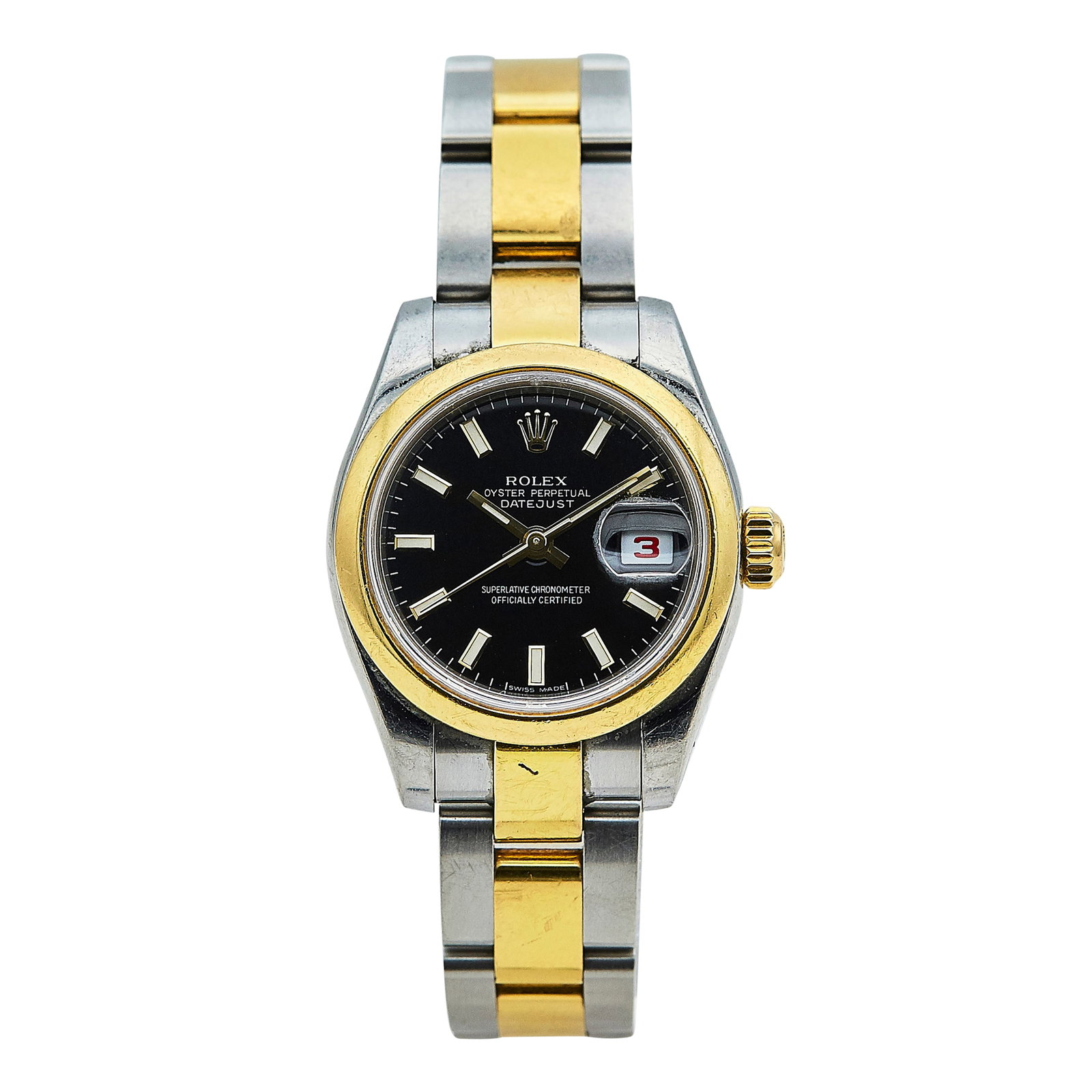Rolex Lady-Datejust 18K Yellow Gold and Stainless Steel Watch Ref. 69173, circa 2004: BRAND: Rolex; STYLE: Datejust; REF. #: 69173; CONDITION: Pre-owned, Very Good; YEAR: Circa 2004; ADDITIONAL COMMENTS: F serial, Scratches throughout watch, Impacts to case and bezel, Chips around edge