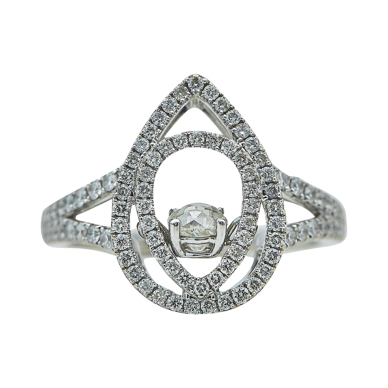 14K White Gold and Diamond Kinetic Ring: METAL: 14K White Gold; APPROXIMATE TOTAL DIAMOND WEIGHT: 1.18 ctw; STAMPED: 14K, CSO .47, SS 0.71, maker's mark; CONDITION: Pre-owned, Good; ITEM WEIGHT (GRAMS): 5.67 g; MEASUREMENTS: Ring size 8