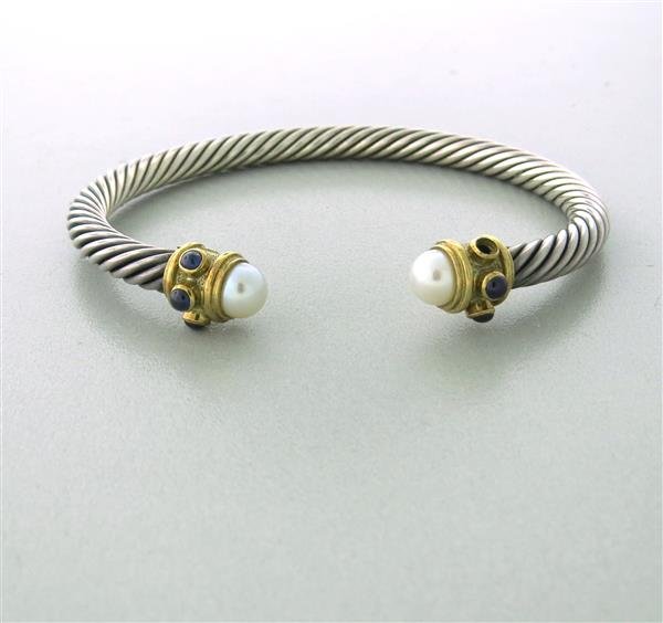 David Yurman Sterling 14k Gold Pealr Sapphire 5mm Cable: Measurements - cuff will fit up to 6 1/2" wrist and is 5mm wide. Gemstones - pearls 6.2mm in diameter, sapphires 2.3mm i diameter. Marks - 14k,sterling,D.Yurman. weight - 29.3