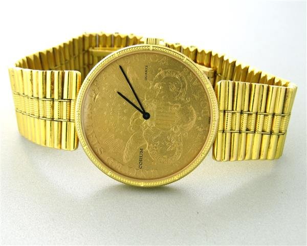 Corum 20 Dollar Coin 18k Gold Mens Watch: Make: Corum. Model: 20 Dollar Gold Coin. Case Size: 35mm in Diameter. Case Material: 18k Gold. Dial: Gold. Movement: Quartz .Crystal: Sapphire. Bracelet: 18k Gold (Fits up to 7.5" wrist). Weight: