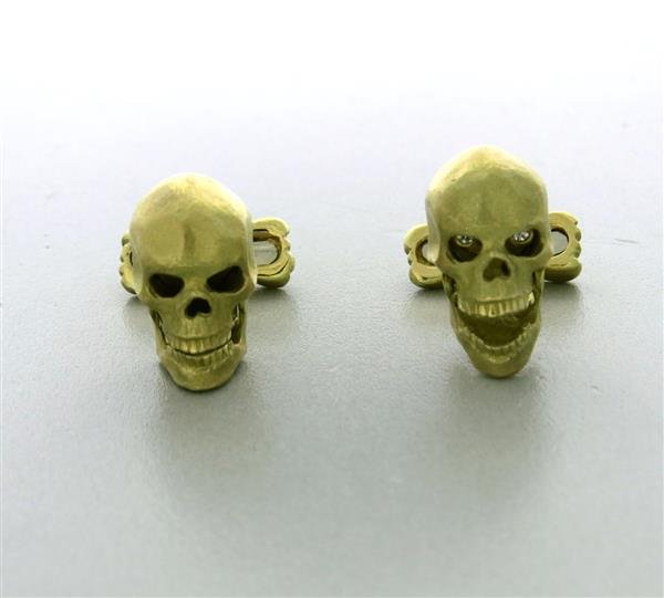 Deakin & Francis 18K Gold Diamond Moving Jaw Skull: measurements - Cufflink top - 18mm x 11.6mm. gemstone - diamonds. marked - England D&F,750,English gold marks, Hancocks. wight - 27.0g