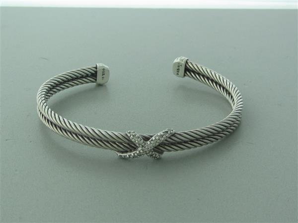 David Yurman Sterling Silver Diamond Cable X Cuff: measurements - bracelet will fit up to 6 3/4" wrist and is 6mm wide at widest point. diamonds - approx. 0.20ctw. marked - 925,DY. weight - 18.0g