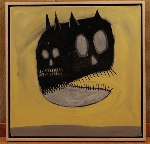 Gregory Van Maanen Cat Devid Head Oil Enamel on Canvas: Title: Cat Devil Head. dated 4/21/89. Oil,enamel on canvas.,framed. Measurements of painting - 18" x 18" ,with frame - 19 1/8" x 19 1/8". Signed lower right corner.