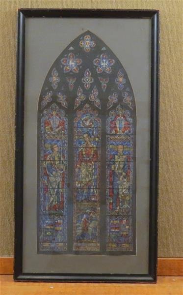 American Stained Glass Window Watercolor and Pencil: watercolor and pencil, depicting stained glass windows. Measurements - 2/ 1/2" x 14 1/4", with frame - 15 1/2" x 30". For Tiffany Studios New York, paper label from Alexander Galle