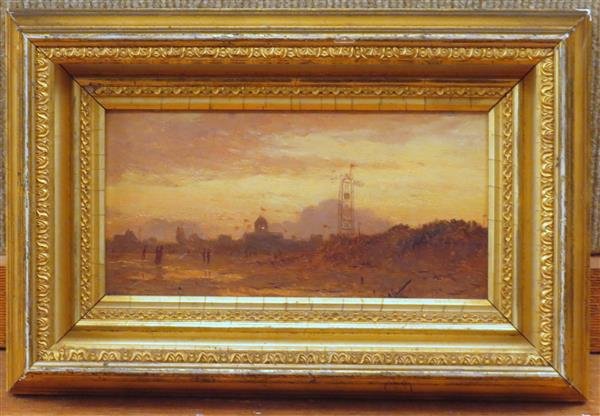 American School Coney Island Sunset Oil on Board: American School painting, title - Coney Island sunset,oil on canvas. framed. measurements - 4 1/4" x 8 3/8", with frame - 7 6/8" x 11 5/8"
