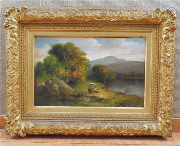 Robert S. Dunning Massachusetts Fall River School: Robert Spear Dunning (1829 - 1905) ,painting depicting two figures sitting by the lake. oil on canvas,framed. Measurements - 9 1/4" x 14 1/4",with frame - 22 3/4" x 18".signed - lo