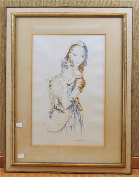 Leonard Tsuguharu Foujita Filletta su Chat Color: Tsuguharu Foujita color lithograph,depicting a girl with a cat,title - "Filletta su Chat". framed and glassed. Measurements - 19" x 12 3/8", with frame - 22"" x 28 5/8&qu