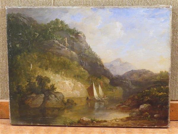 After Thomas Cole Oil Canvas Mountain River Landscape: Thomas Cole landscape painting,depicting a boat on a river,unframed. Measurements - 16" x 12", Relined