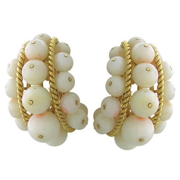 Vintage 1960s David Webb 18k Yellow Gold Angel Skin: Metal: 18K Yellow Gold, Gemstones: Coral Beads - Range in diameter from 5.5mm to 9.1mm, Measurements: Earrings are 31mm X 22mm, Marked: WEBB,18K, Weight: 32.6g