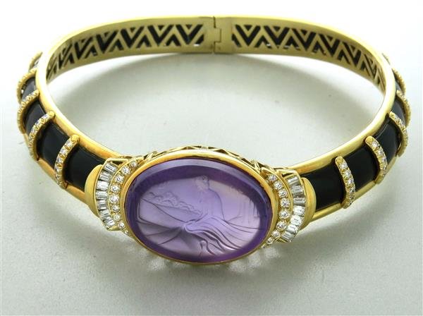 1980s 18K Gold Enamel Amethyst Diamond Choker Necklace: Metal: 18K Yellow Gold, Gemstones/Diamonds: Carved Amethyst - 25mm x 32mm, Diamonds -approx. 2.80-3.00ctw , Measurements: Choker circumference 12.5", Marked: Makers Hallmark, 750, Weight: 153.0g
