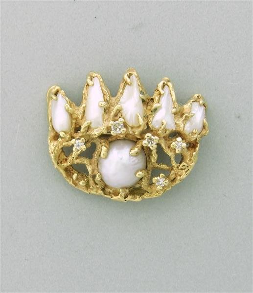 Arthur King Gold Diamond Pearl Crown Brooch Pin: Metal: 14K Yellow Gold, Gemstones: Diamonds, Mabe and Baroque Pearls, Measurements: 26mm x 32mm, Marked: King, 14K, Makers Hallmark, Weight: 14.8g