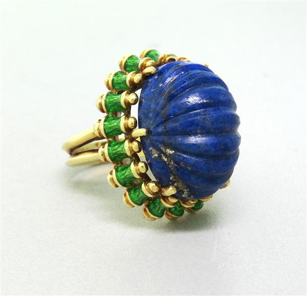 Tiffany 18K Gold Enamel Lapis Ring: Metal: 18K Gold, Gemstones: Lapis - approx. 4.5mm x 20mm x 11mm, Measurements: Ring size 5 1/2, Ring top is 21.1mm x 26mm and 17.2mm, Marked: 18K, Weight: 18.8g