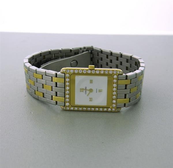 Concord Delirium Diamond Gold Steel Ladies Watch: 18k Yellow gold, Steel screw back case 27mm X 19mm, diamond bezel, steel and 18 k gold bracelet. Ouartz movement.