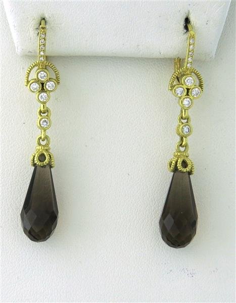 Attributed to Judith Ripka Gold Quartz Diamond Earrings: Metal: 18K Yellow Gold, Gemstones/Diamonds: Diamonds approx. 0.60ctw, Smokey Quartz, Measurements: Earrings are 47mm long and 9mm at widest point, Not signed, Weight: 7.3g