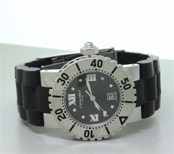 Chaumet Stainless Steel Rubber Bracelet Watch: Make: Chaumet, Body: Stainless Steel, Bracelet: Black Rubber, Movement: Quartz, Swiss Made, Watch is in working Condition