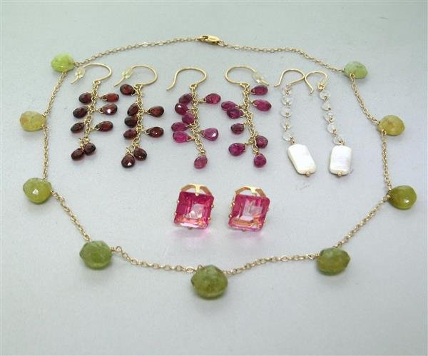 14K 10K Colored Stones Necklace and Earrings Lot of 5: Metal: 10K, 14K Yellow Gold, Gemstones: Multi Colored Stones, Measurements: Pink Stone Earrings: 10mm x 12mm, Necklace is 15" Long, White earrings: 60mm long and 7mm at widest point, Red Earrings
