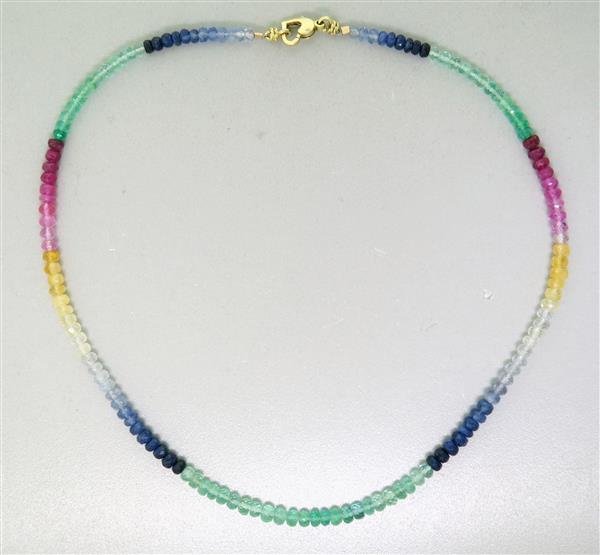 14K Gold Multi Colored Sapphire Emerald Faceted Bead: Metal: 14K Yellow Gold, Gemstones: Multi Colored Sapphire, Emerald, Measurements: Necklace is 16" Long and 4.6mm wide, Marked: 14K, Weight: 16.3g