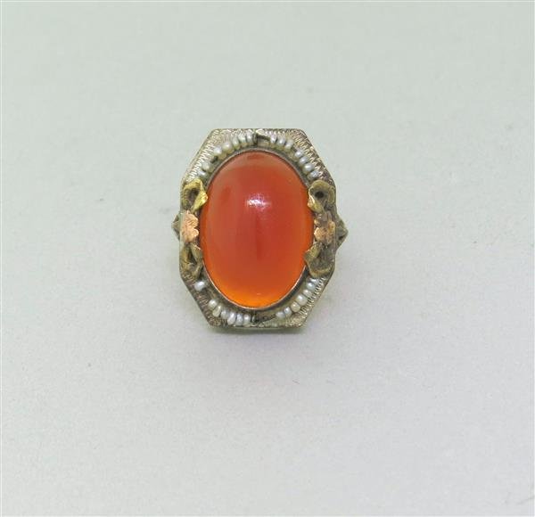 Art Deco Filigree 14K Gold Carnelian Pearl Ring: Metal: 14K Gold, Gemstones: Carnelian Pearl - 13.5mm x 17.3mm, Measurements: Ring size 6 1/2, Ring top 17.5mm x 22.3mm, Marked: 14K, Weight: 6.0g