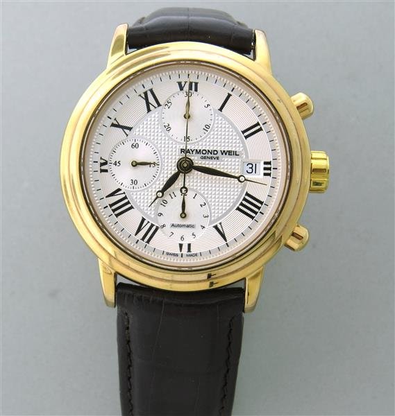 Raymond Weil Automatic Chronograph Watch: rose gold plated case with skeleton back, housing RW5000 movement, 3 registered chronograph with date. original bent and buckle