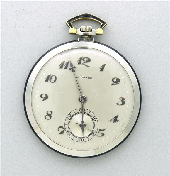 Art Deco 18k Gold Longines Pochet Watch: white 18k gold case. decorated with black enamel, 43mm in diameter. Movement signed Longines, 16 jewels extra.1715M. serial - 4213745. case signed and marked 18k gold european hallmarks. Silvered dial