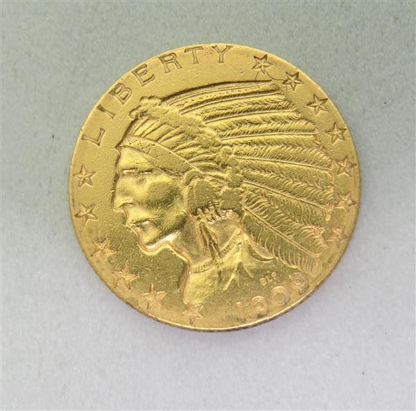1909 Indian Head $5 Dollar Half Eagle US Gold Coin: 1909 Indian Head 5 Dollar Half Eagle US Gold Coin