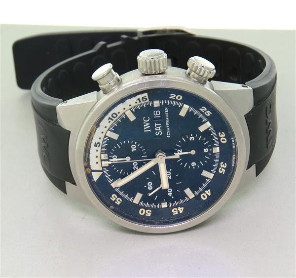 IWC Schaffhausen Aquatimer Chronograph Watch: 3 register chronograph. Automatic movement. Case 42mm in diameter and 14mm thick. Date at 3 o'clock. IWC buckle and band.
