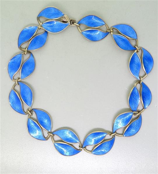 David Andersen Norway Sterling Enamel Necklace: Necklace is 14 3/4" long and 23mm wide. Blue enamel design. Marked - DA,Norway,925 S,sterling. weight - 48.0g