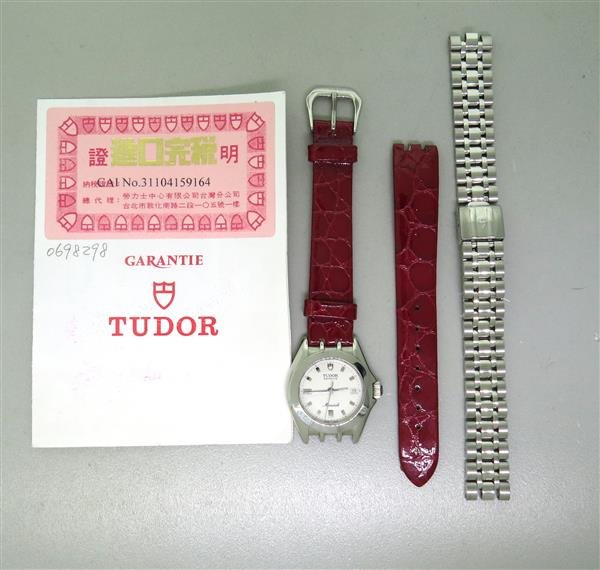 Rolex Tudor Monarch Quartz Watch Bracelet: stainless steel case - 26mm excl. crown x 31mm with lug tips. Stainless steel band is original, additional red leather band. quartz movement. date at 3 o'clock. Comes with papers.