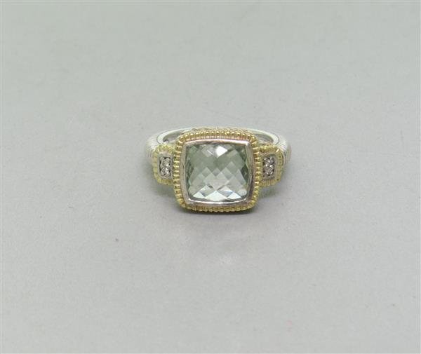 Judith Ripka Sterling 18k Gold Diamond Blue Stone Ring: Ring size - 5, ring top is 11.6mm x 18mm. 4 diamonds, blue stone - 8.3mm x 8.3mm. Marked - JR Two,925 weight - 6.6g