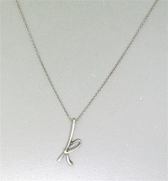 Tiffany & Co. Peretti Silver K Initial Pendant: Necklace is 16" long, "K" 25mm x 6mm. Marked - Tiffany & Co. Elsa Peretti, 925, Spain. Weight - 2.4g