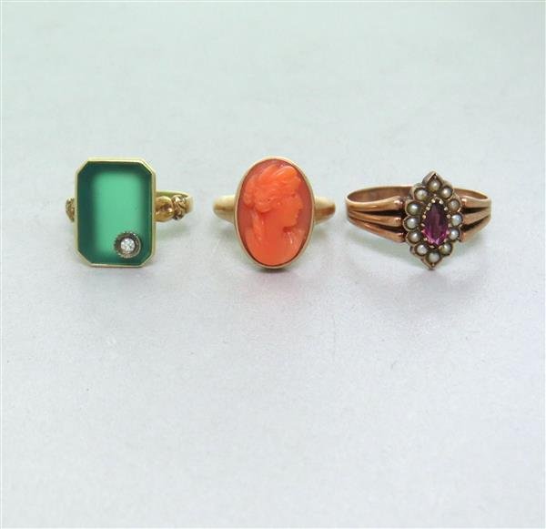 Antique Gold Multi Colored Gemstone Rings lot of 3: Rings are in 14K, 10K, 9K, Gemstones - Diamond, Pearl, Garnet, Carved Coral. Ring sizes - 8.5, 5, 3.5. Marked - 14K, 333. Weight - 7.2g
