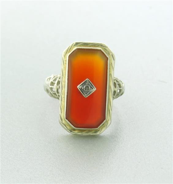 Art Deco Filigree 14K Gold Carnelian Diamond Ring: Ring size 6, Ring top is 22mm x 13mm. Marked - 14K, Weight - 3.6g