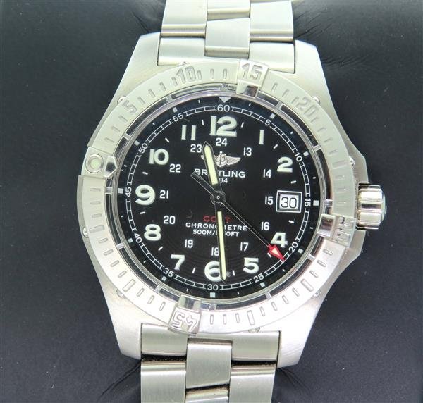 Breitling Colt Steel Chronometer Watch A74380: Breitling Colt Mens Stainless Steel 500 Meter Quartz Chronometer Watch A74380 Brand: BreitlingModel Name: Colt Quartz IIModel Number: A74380Crystal: SapphireDisplay Type: AnalogDial: Black dial with l