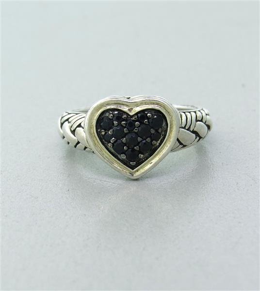 John Hardy Kali Sapphire Sterling Heart Ring: Ring size 7 1/4, Ring Top is 11mm x 13mm. Black sapphires. Marked - JH,925. weight - 5.9g