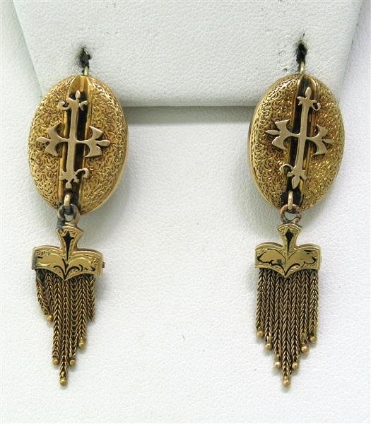 14K Gold Tassel Cross Drop Earrings: Earrings are 48mm long (including wire) and 15mm at widest point. Tested - 14K, Weight - 6.3g