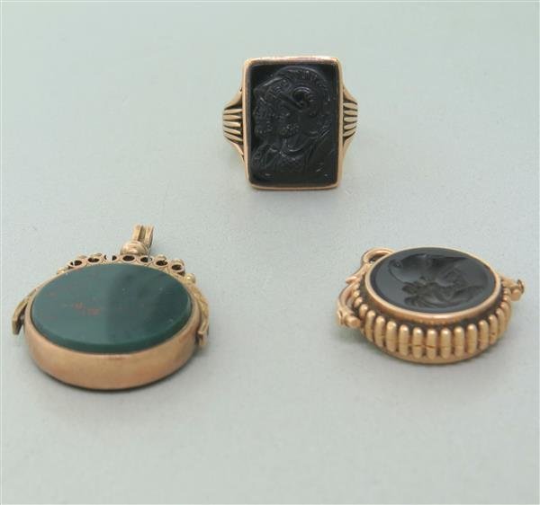 Antique Gold Gemstone Ring Pendant Lot: Ring size - 8 1/2, ring top is 19mm x 14mm. Carved onyx. Ring has initial engraving on the back side of the top "K.J.K" Pendants - carnelian and bloodstone, english 9k gold hallmarks. gemsto
